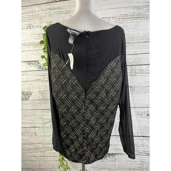 Ashley Stewart Blouse Plus 18 20 Black Gold Mesh Cocktail Evening Wedding Slim - Picture 10 of 11